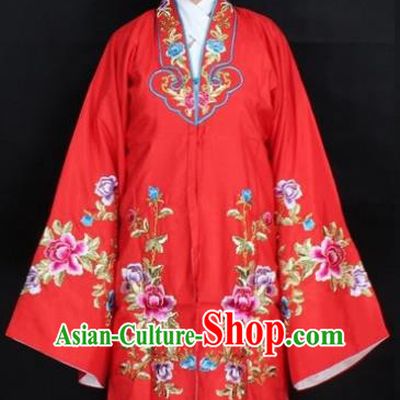 Traditional China Beijing Opera Young Lady Hua Tan Costume Red Embroidered Cape, Ancient Chinese Peking Opera Female Diva Embroidery Peony Dress Clothing