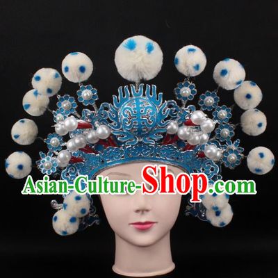 Traditional China Beijing Opera Hair Accessories White Venonat General Hat, Ancient Chinese Peking Opera Takefu Helmet Headwear