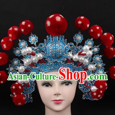 Traditional China Beijing Opera Hair Accessories Red Venonat General Hat, Ancient Chinese Peking Opera Takefu Helmet Headwear