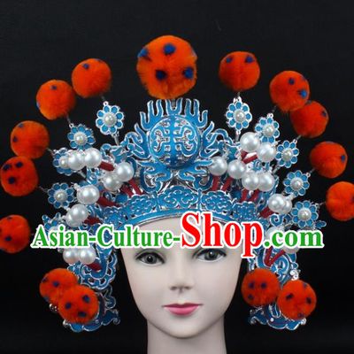 Traditional China Beijing Opera Hair Accessories Orange Venonat General Hat, Ancient Chinese Peking Opera Takefu Helmet Headwear