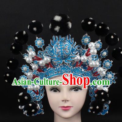 Traditional China Beijing Opera Hair Accessories Black Venonat General Hat, Ancient Chinese Peking Opera Takefu Helmet Headwear