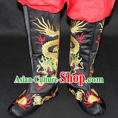 Traditional China Beijing Opera Qing Dynasty Emperor Embroidered Shoes, Ancient Chinese Peking Opera Embroidery Dragons Black Boots