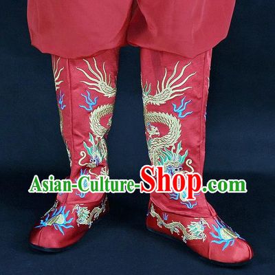 Traditional China Beijing Opera Qing Dynasty Emperor Embroidered Shoes, Ancient Chinese Peking Opera Embroidery Dragons Red Boots