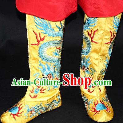 Traditional China Beijing Opera Qing Dynasty Emperor Embroidered Shoes, Ancient Chinese Peking Opera Embroidery Dragons Yellow Boots