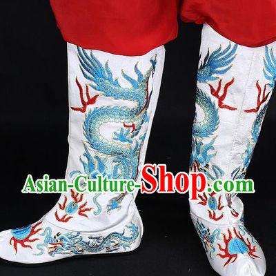 Traditional China Beijing Opera Qing Dynasty Emperor Embroidered Shoes, Ancient Chinese Peking Opera Embroidery Dragons White Boots