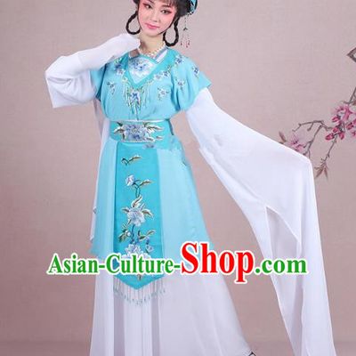 Traditional China Beijing Opera Young Lady Costume Embroidered Blue Servant Girl Dress, Ancient Chinese Peking Opera Diva Embroidery Peony Clothing