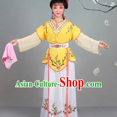 Traditional China Beijing Opera Young Lady Costume Servant Girl Embroidered Yellow Dress, Ancient Chinese Peking Opera Diva Jordan-Sitting Embroidery Clothing
