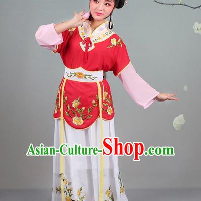 Traditional China Beijing Opera Young Lady Costume Servant Girl Embroidered Red Dress, Ancient Chinese Peking Opera Diva Jordan-Sitting Embroidery Clothing