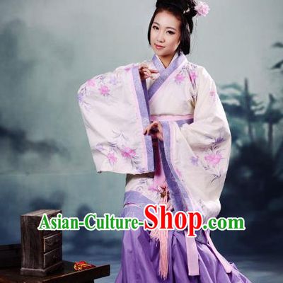 Traditional Chinese Han Dynasty Imperial Princess Peri Purple Curve Bottom Costume, China Ancient Hanfu Dress Palace Lady Hand Painting Clothing for Women