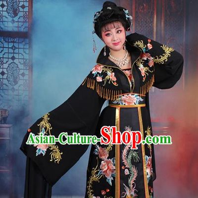 Traditional China Beijing Opera Palace Lady Hua Tan Costume Black Embroidered Dress, Ancient Chinese Peking Opera Diva Senior Concubine Embroidery Peony Clothing