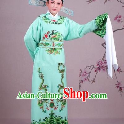 Traditional China Beijing Opera Niche Costume Lang Scholar Green Embroidered Robe and Hat, Ancient Chinese Peking Opera Magistrate Embroidery Dragons Gwanbok Clothing