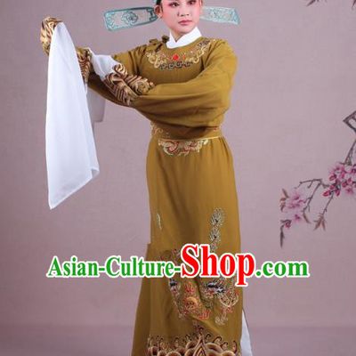 Traditional China Beijing Opera Niche Costume Lang Scholar Ginger Embroidered Robe and Hat, Ancient Chinese Peking Opera Magistrate Embroidery Dragons Gwanbok Clothing