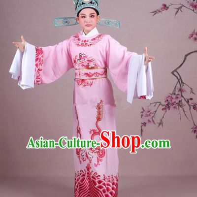 Traditional China Beijing Opera Niche Costume Lang Scholar Pink Embroidered Robe and Hat, Ancient Chinese Peking Opera Magistrate Embroidery Dragons Gwanbok Clothing