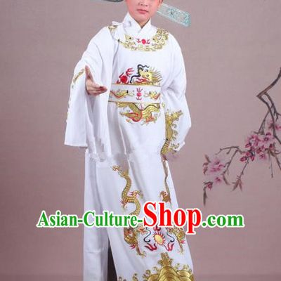 Traditional China Beijing Opera Niche Costume Lang Scholar White Embroidered Robe and Hat, Ancient Chinese Peking Opera Emperor Son-in-law Embroidery Gwanbok Clothing