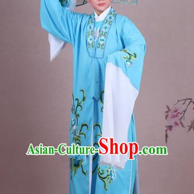 Traditional China Beijing Opera Niche Costume Gifted Scholar Blue Embroidered Cape and Hat, Ancient Chinese Peking Opera Young Men Embroidery Peony Clothing