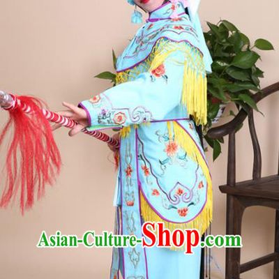 Traditional China Beijing Opera Swordplay Costume Female Warriors Blue Embroidered Robe with Cloak, Ancient Chinese Peking Opera Blues Embroidery Clothing for Kids