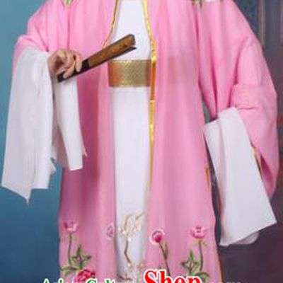 Top Grade Professional Beijing Opera Niche Costume Scholar Pink Embroidered Cape, Traditional Ancient Chinese Peking Opera Embroidery Young Men Clothing