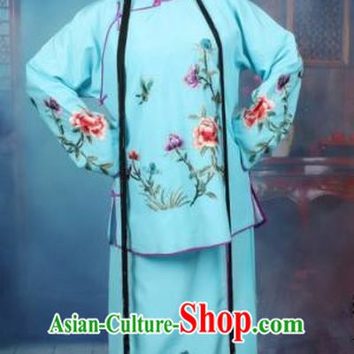 Top Grade Professional Beijing Opera Young Lady Costume Servant Girl Blue Embroidered Dress, Traditional Ancient Chinese Peking Opera Maidservants Embroidery Peony Clothing