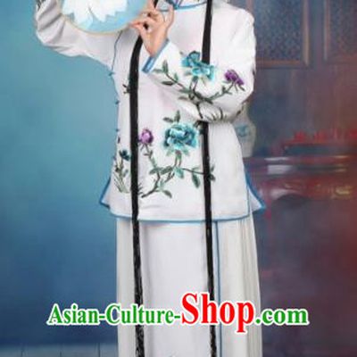 Top Grade Professional Beijing Opera Young Lady Costume Servant Girl White Embroidered Dress, Traditional Ancient Chinese Peking Opera Maidservants Embroidery Peony Clothing