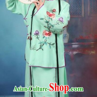 Top Grade Professional Beijing Opera Young Lady Costume Servant Girl Green Embroidered Dress, Traditional Ancient Chinese Peking Opera Maidservants Embroidery Peony Clothing