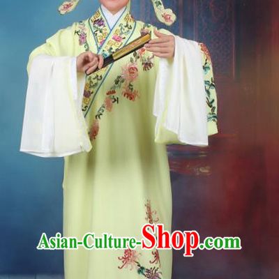 Top Grade Professional Beijing Opera Niche Costume Gifted Scholar Yellow Embroidered Robe, Traditional Ancient Chinese Peking Opera Young Men Embroidery Chrysanthemum Clothing