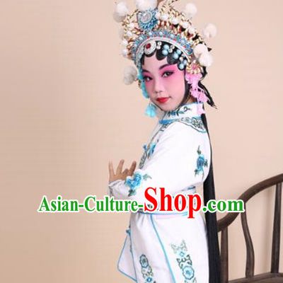 Traditional China Beijing Opera Swordplay Costume Female Warriors White Embroidered Robe and Headwear, Ancient Chinese Peking Opera Blues Embroidery Clothing for Kids