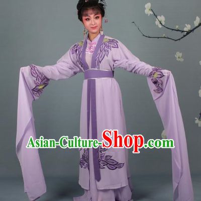 Top Grade Professional Beijing Opera Palace Lady Costume Hua Tan Purple Water Sleeve Embroidered Clothing, Traditional Ancient Chinese Peking Opera Diva Embroidery Lotus Clothing