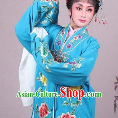 Top Grade Professional Beijing Opera Female Role Costume Imperial Concubine Blue Embroidered Cape, Traditional Ancient Chinese Peking Opera Diva Embroidery Peony Clothing
