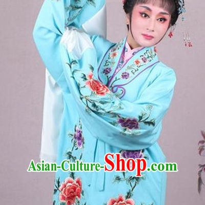 Top Grade Professional Beijing Opera Female Role Costume Imperial Concubine Light Blue Embroidered Cape, Traditional Ancient Chinese Peking Opera Diva Embroidery Peony Clothing