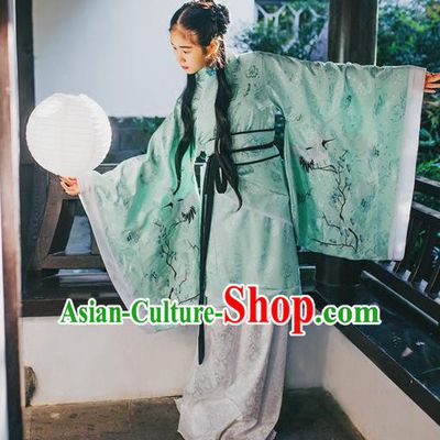 Traditional Chinese Han Dynasty Young Lady Embroidery Cranes Costume, Elegant Hanfu Curve Bottom Chinese Ancient Princess Dress Clothing