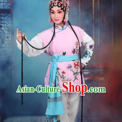 Top Grade Professional Beijing Opera Young Lady Costume Mui Tsai Pink Embroidered Vest Clothing, Traditional Ancient Chinese Peking Opera Maidservants Embroidery Clothing