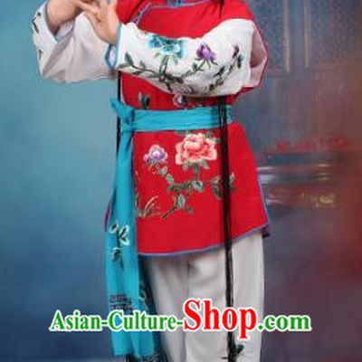 Top Grade Professional Beijing Opera Young Lady Costume Mui Tsai Red Embroidered Vest Clothing, Traditional Ancient Chinese Peking Opera Maidservants Embroidery Clothing