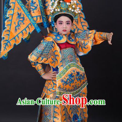 Traditional China Beijing Opera Takefu General Costume and Headwear Complete Set, Ancient Chinese Peking Opera Wu-Sheng Military Officer Embroidery Yellow Clothing for Kids