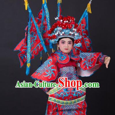 Traditional China Beijing Opera Takefu General Costume and Headwear Complete Set, Ancient Chinese Peking Opera Wu-Sheng Military Officer Embroidery Red Clothing for Kids