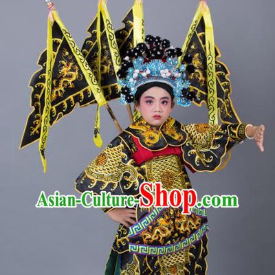 Traditional China Beijing Opera Takefu General Costume and Headwear Complete Set, Ancient Chinese Peking Opera Wu-Sheng Military Officer Embroidery Black Clothing for Kids