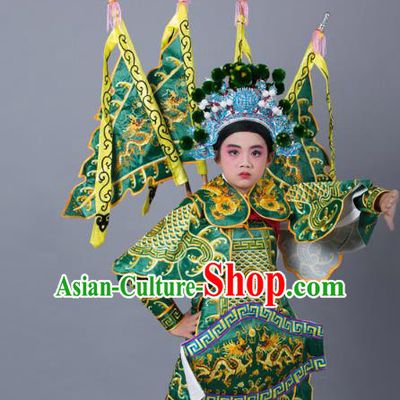 Traditional China Beijing Opera Takefu General Costume and Headwear Complete Set, Ancient Chinese Peking Opera Wu-Sheng Military Officer Embroidery Green Clothing for Kids
