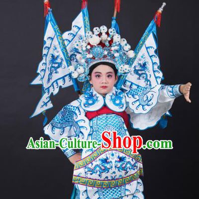 Traditional China Beijing Opera Takefu General Costume and Headwear Complete Set, Ancient Chinese Peking Opera Wu-Sheng Military Officer Embroidery White Clothing for Kids