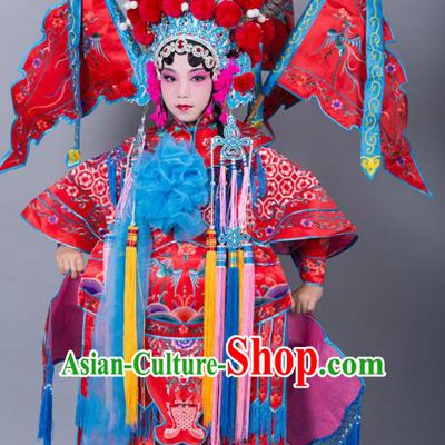 Traditional China Beijing Opera Female General Costume and Headwear Complete Set, Ancient Chinese Peking Opera Swordplay Military Officer Embroidery Red Clothing for Kids