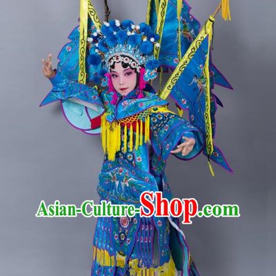 Traditional China Beijing Opera Female General Costume and Headwear Complete Set, Ancient Chinese Peking Opera Swordplay Military Officer Embroidery Blue Clothing for Kids