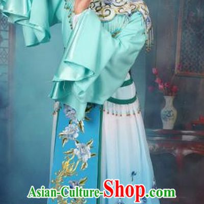 Top Grade Professional Beijing Opera Diva Costume Hua Tan Blue Embroidered Dress, Traditional Ancient Chinese Peking Opera Princess Embroidery Peony Clothing