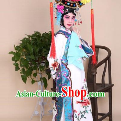 Top Grade Professional China Beijing Opera Costume Manchu Embroidered White Dress and Headwear, Ancient Chinese Peking Opera Qing Dynasty Diva Hua Tan Embroidery Clothing for Kids