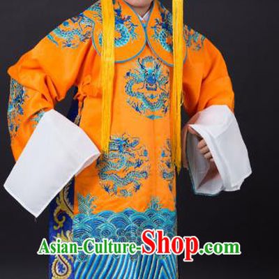Traditional China Beijing Opera Costume Emperor Embroidered Yellow Robe and Headwear, Ancient Chinese Peking Opera Embroidery Dragon Gwanbok Clothing for Kids