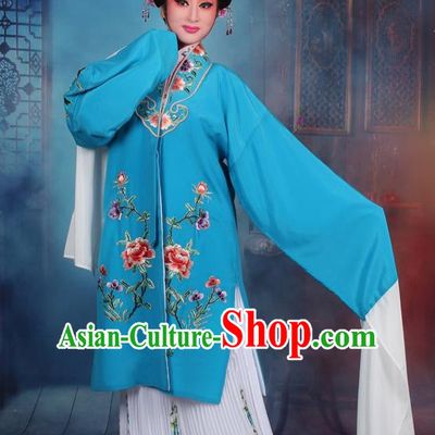 Top Grade Professional Beijing Opera Palace Lady Costume Hua Tan Blue Embroidered Cape Dress, Traditional Ancient Chinese Peking Opera Diva Embroidery Clothing