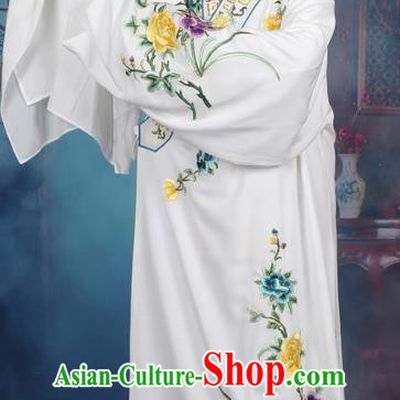 Top Grade Professional Beijing Opera Niche Costume Gifted Scholar White Embroidered Robe, Traditional Ancient Chinese Peking Opera Embroidery Clothing