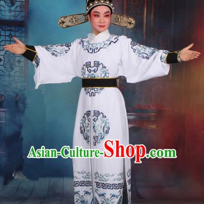 Top Grade Professional Beijing Opera Niche Costume General White Embroidered Robe and Headwear, Traditional Ancient Chinese Peking Opera Takefu Clothing