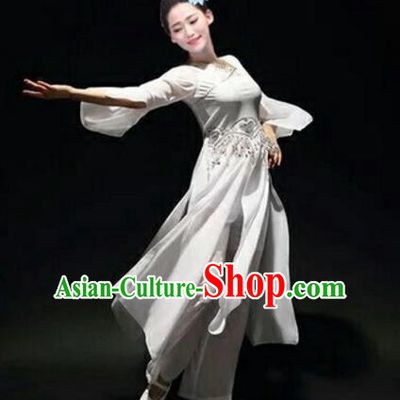 Traditional Chinese Classical Dance Fan Dance Costume, Folk Dance Umbrella Dance White Uniform Clothing for Women