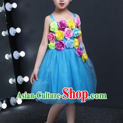 Top Grade Chinese Professional Performance Catwalks Costume, Children Princess Flowers Blue Veil Dress Modern Dance Clothing for Girls Kids