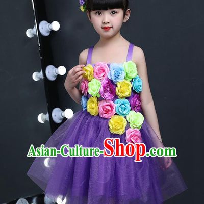 Top Grade Chinese Professional Performance Catwalks Costume, Children Princess Flowers Purple Veil Dress Modern Dance Clothing for Girls Kids
