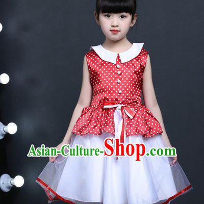 Top Grade Chinese Professional Performance Catwalks Costume, Children Princess Chorus Veil Red Dress Modern Dance Clothing for Girls Kids