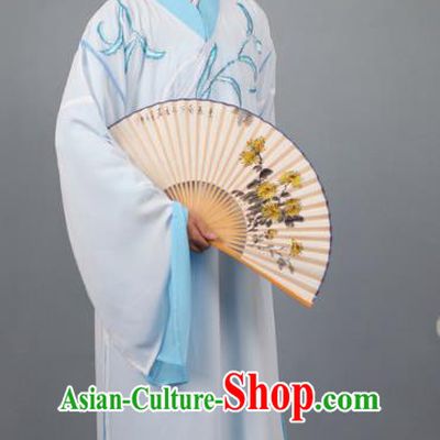 China Beijing Opera Niche Costume Gifted Scholar Embroidered Blue Robe and Headwear, Traditional Ancient Chinese Peking Opera Embroidery Clothing